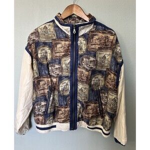 Vintage Womens Jacket Large 100% Silk Bomber Artsy 80 90s Retro Lightweight City